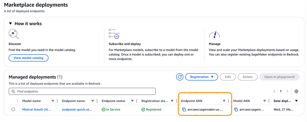 AWS Bedrock marketplace deployments interface with workflow steps and active Mistral endpoint