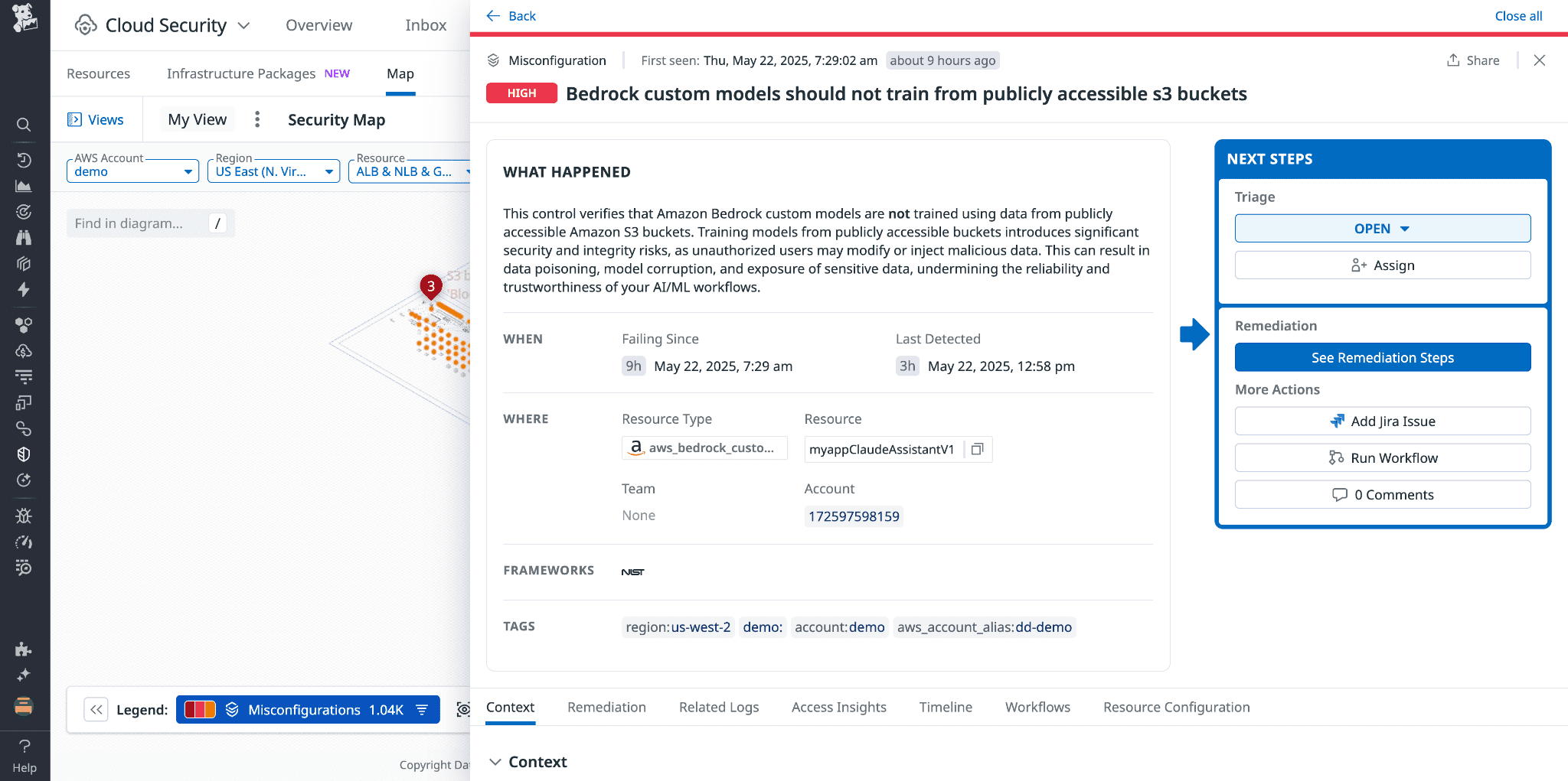 Datadog Cloud Security Bedrock Misconfiguration View