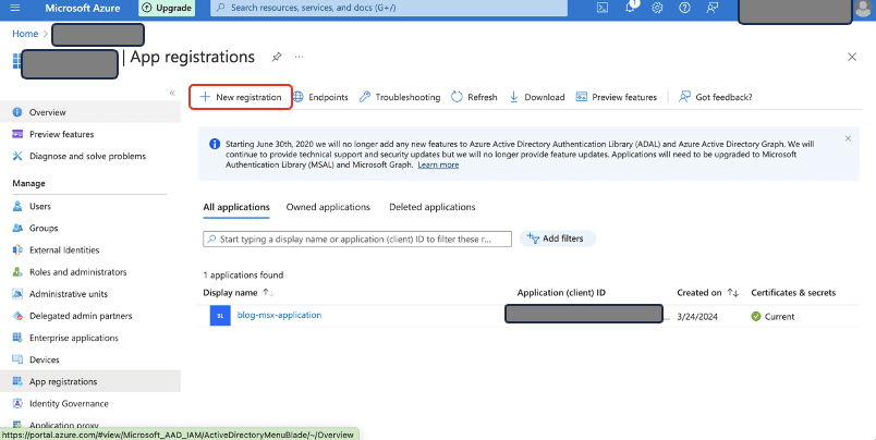 Microsoft Entra ID App registrations page showing single registered application