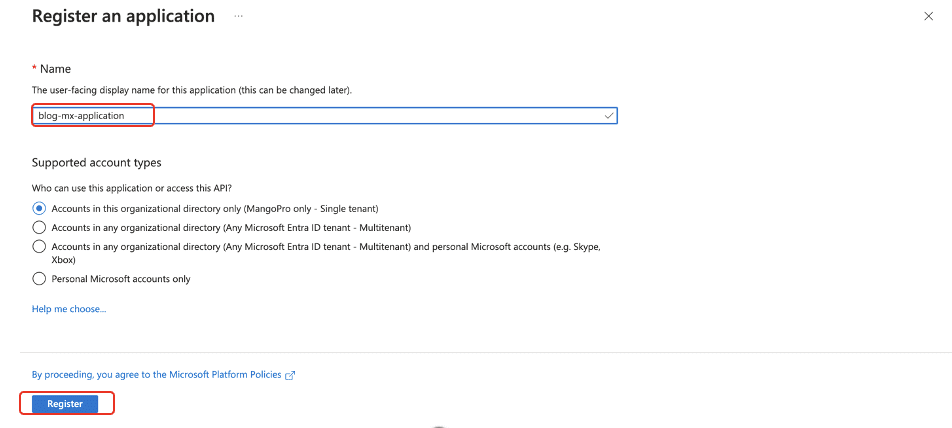 Application registration form with name field and account type selection