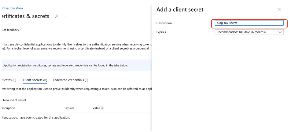 Azure portal dialog box for adding new client secret with description field and expiration dropdown