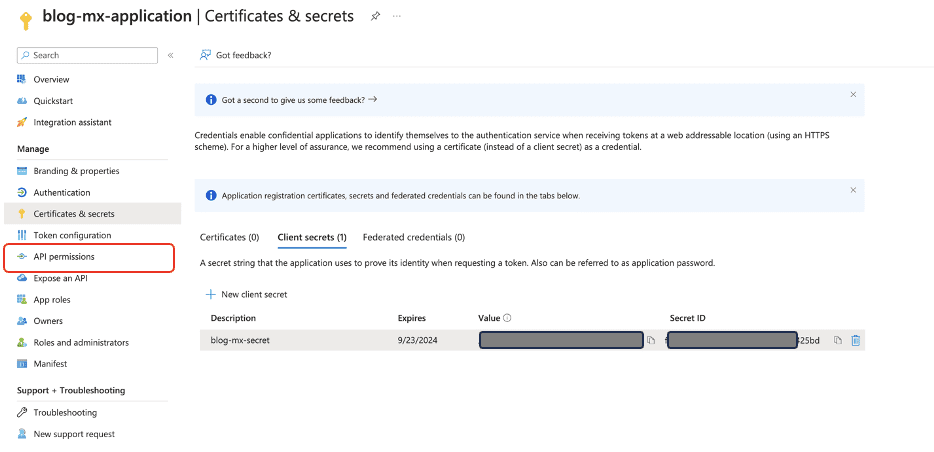 Azure portal showing API permissions menu selection with active client secret configuration
