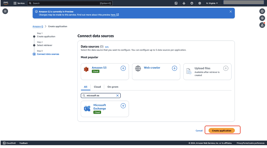 AWS Q data source configuration screen showing Amazon S3, Web crawler, and Microsoft Exchange connection options