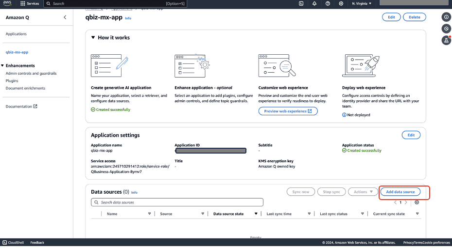 AWS Q application details page showing workflow steps and configuration settings for qbiz-mx-app