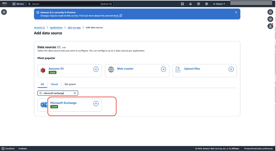 AWS Q Add data source interface showing available connection options including Microsoft Exchange