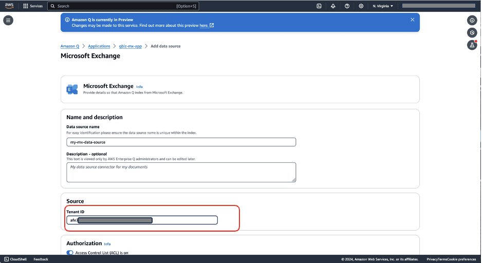Microsoft Exchange configuration form in AWS Q showing name, description, and authorization fields