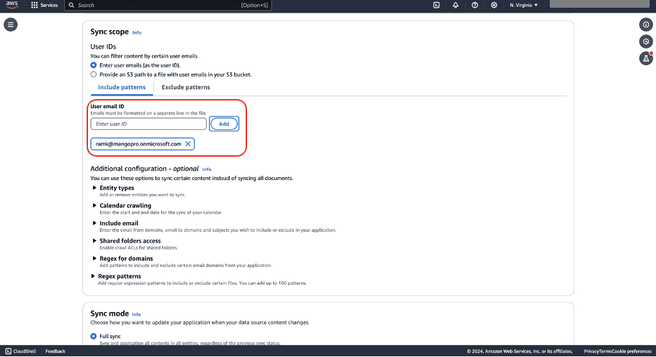 AWS sync scope configuration with user email input and optional settings