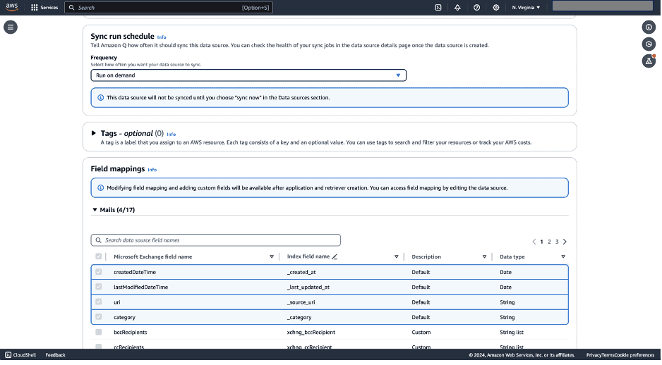 AWS console showing sync schedule and field mapping configuration