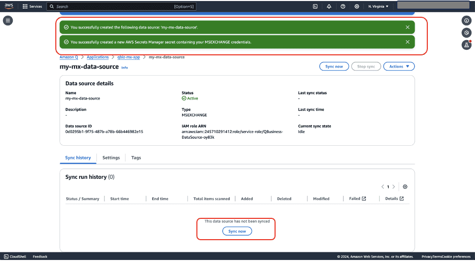 AWS data source details page showing newly created Microsoft Exchange connection with success messages