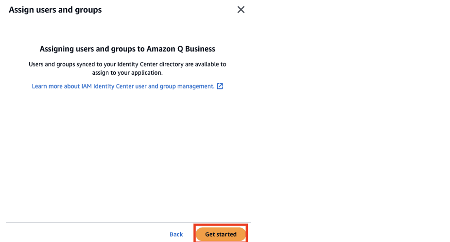 Dialog box for assigning users and groups to Amazon Q Business with Get Started button