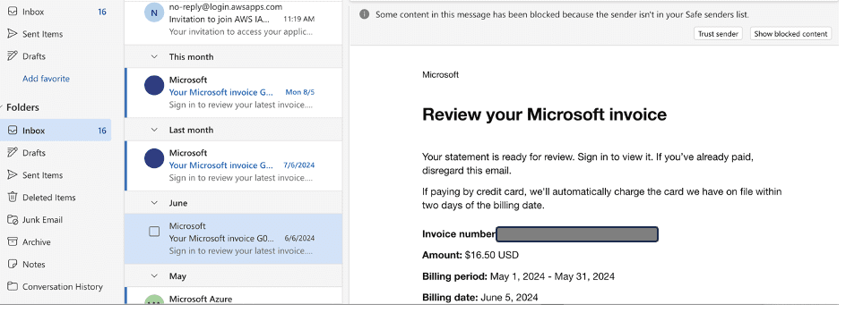 Outlook inbox showing Microsoft invoice email with billing details