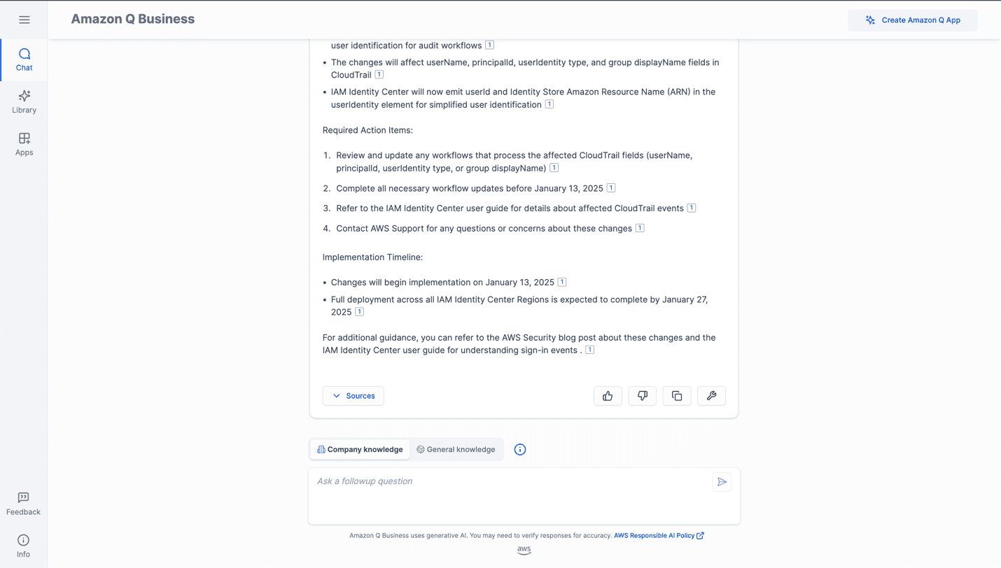 Amazon Q response showing CloudTrail implementation timeline and required actions