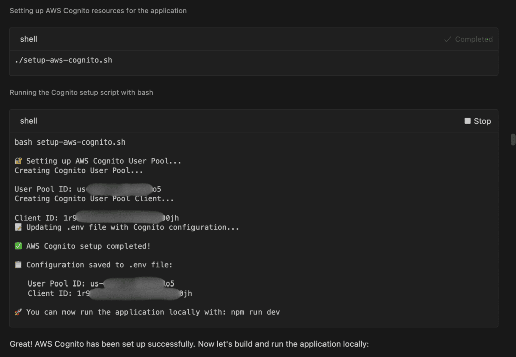 Diagram showing Amazon Q Developer executing the setup-aws-cognito.sh script