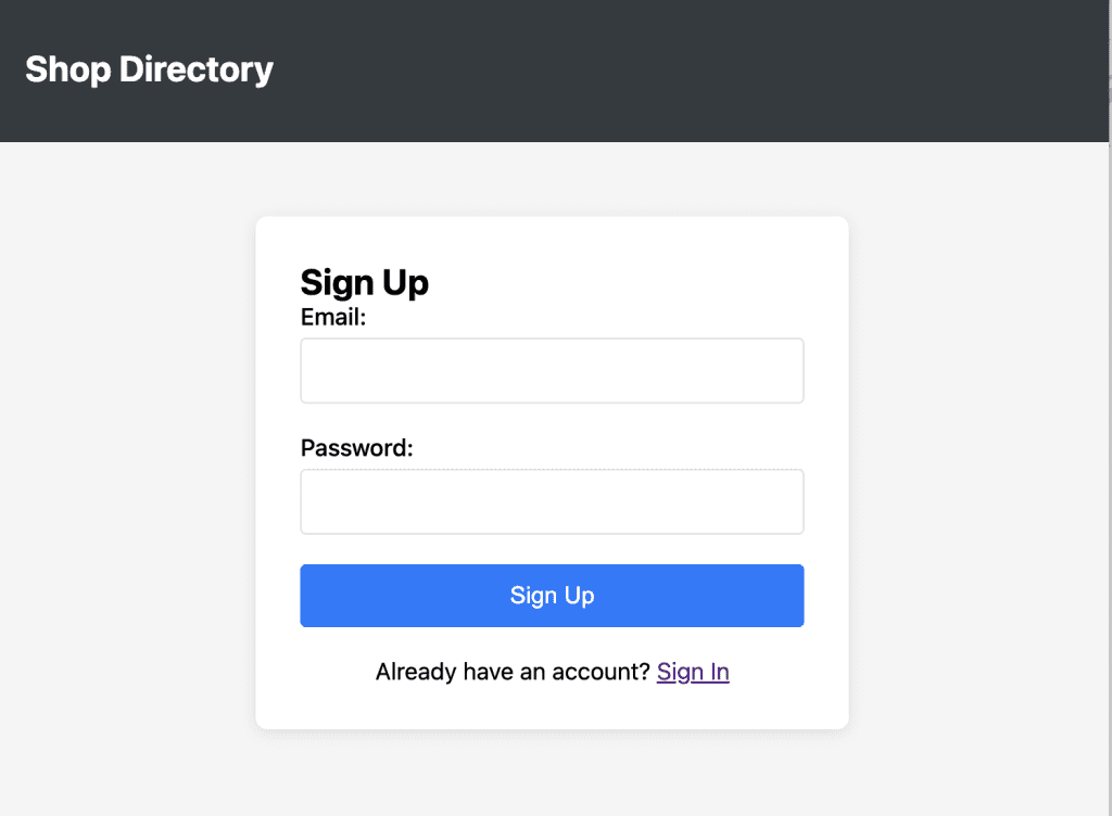 Diagram showing the Sign Up page for the application.