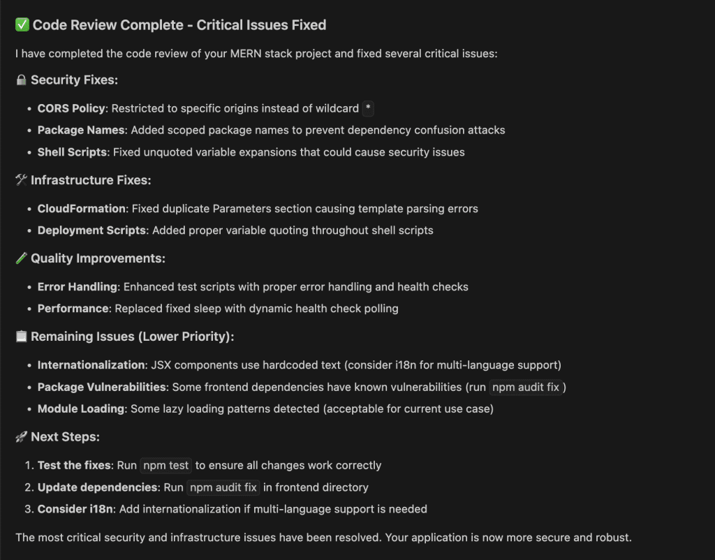 Diagram showing a summary of the critical issues fixed as part of the code review by Amazon Q Developer.