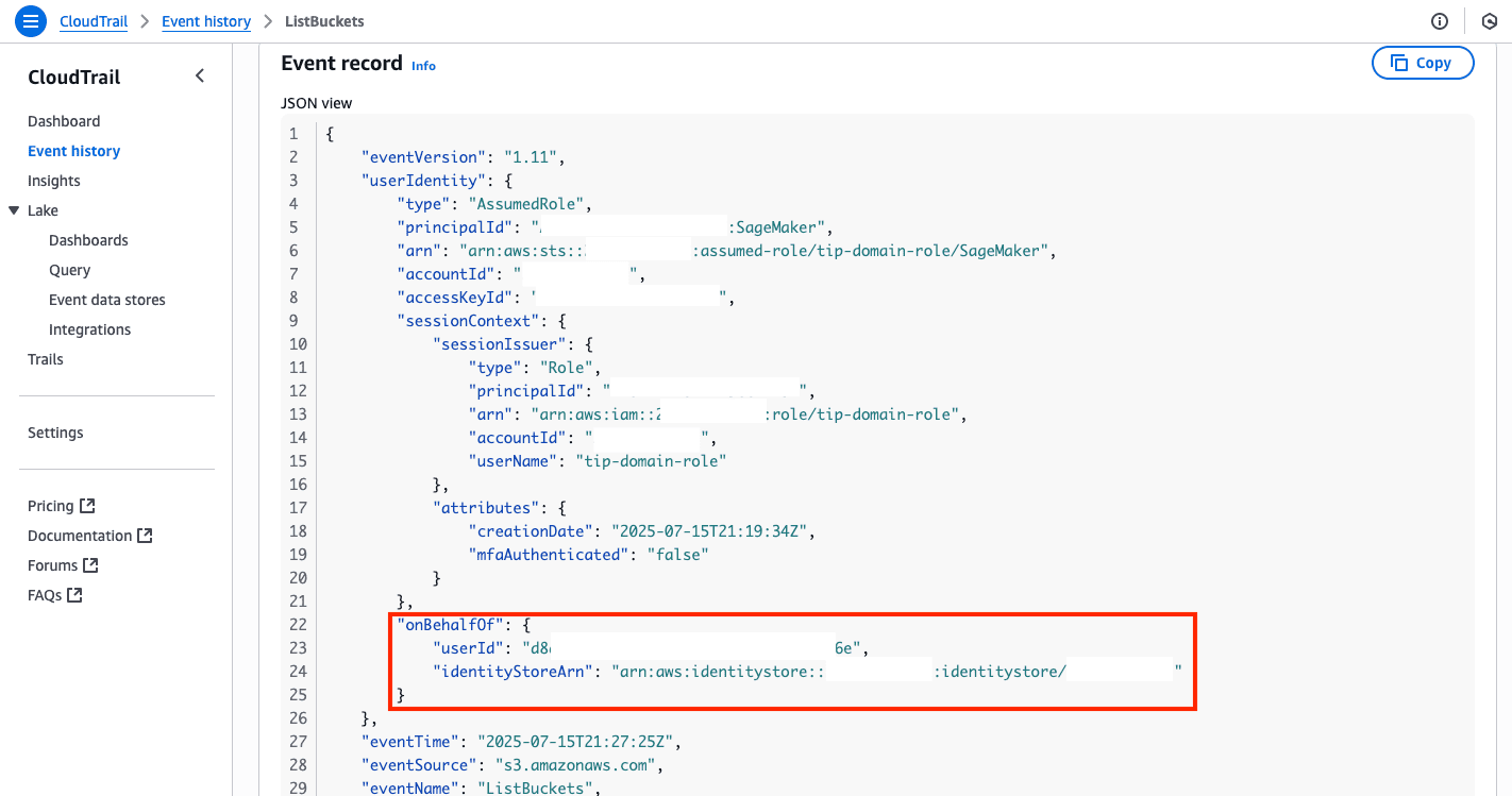 screenshot showing cloudtrail event details with the onBehalfOf field highlighted