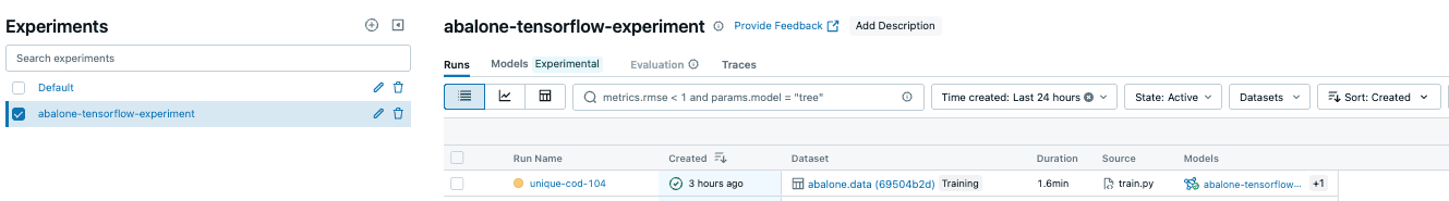 MLflow dashboard with abalone-tensorflow experiment status, metrics, and dataset tracking