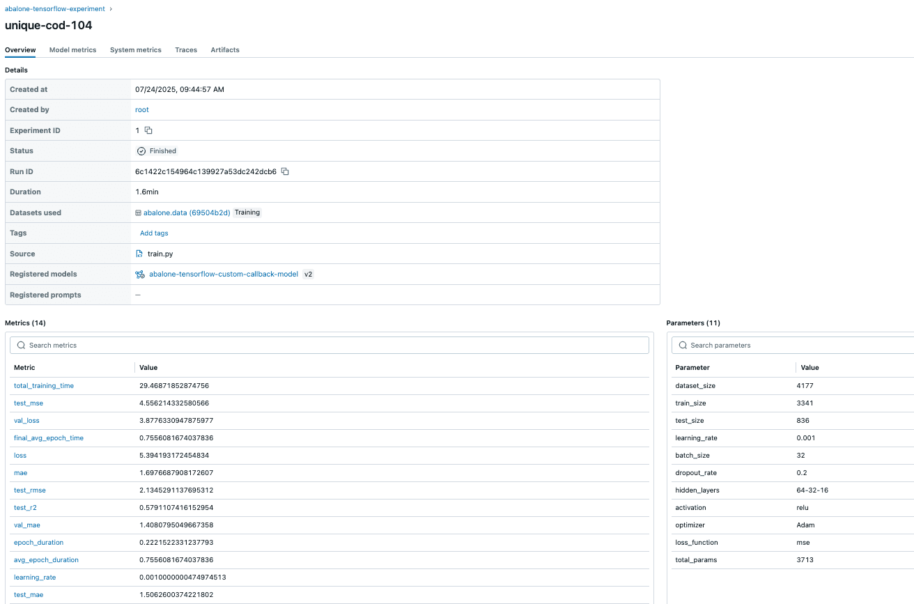 Detailed MLflow run overview showing experiment metrics, neural network parameters, and performance statistics for abalone-tensorflow model