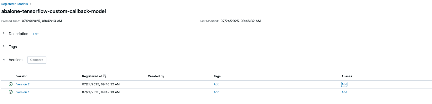 MLflow model registry interface showing version history, creation timestamps, and management options for abalone model