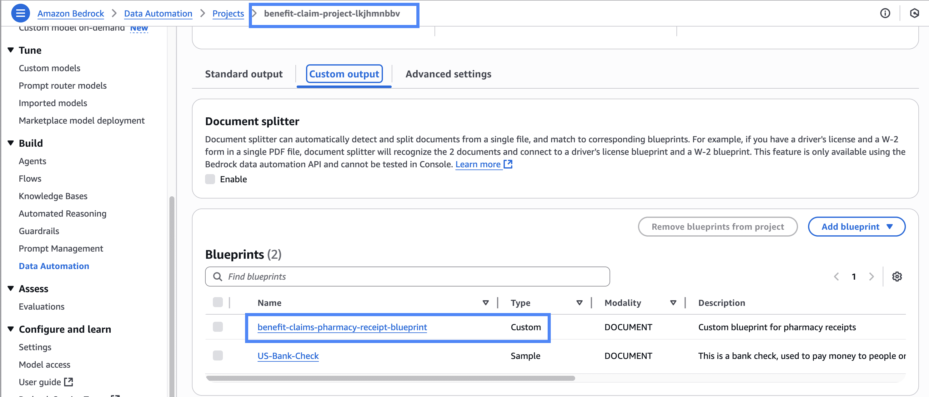Image showing Bedrock Data Automation Project with two blueprints