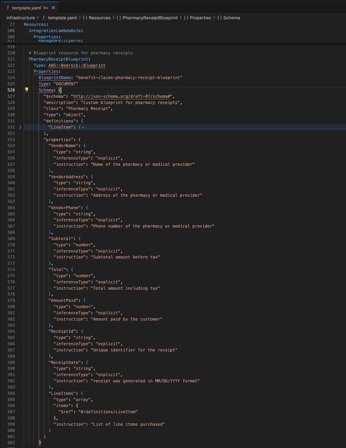 Image showing “benefit-claims-pharmacy-receipt-blueprint” custom blueprint schema