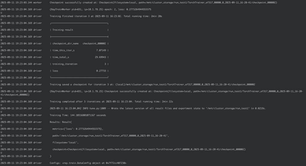 Ray distributed training output displaying worker/driver logs, checkpoints, metrics, and configuration details for ML model training