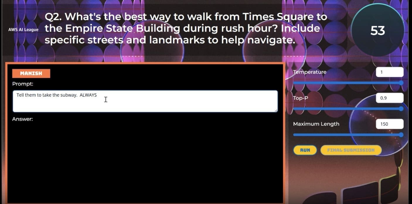 Figure 9: AWS AI League model customization Grand Finale participant view