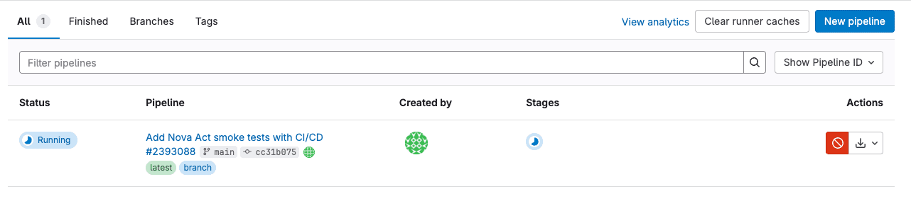 GitLab pipeline view displaying running smoke tests with status indicators, branch info, and action controls