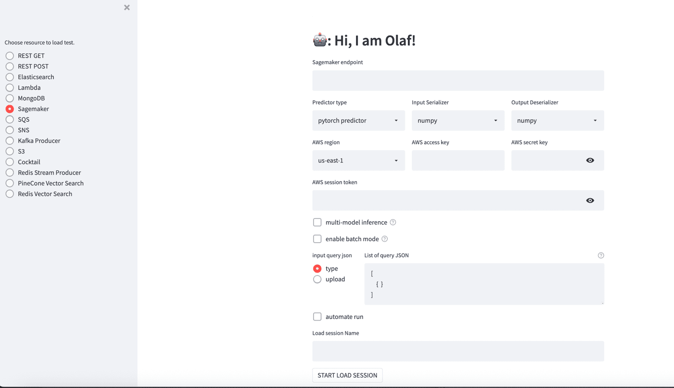 Landing page for Olaf testing tool with AWS service selection options