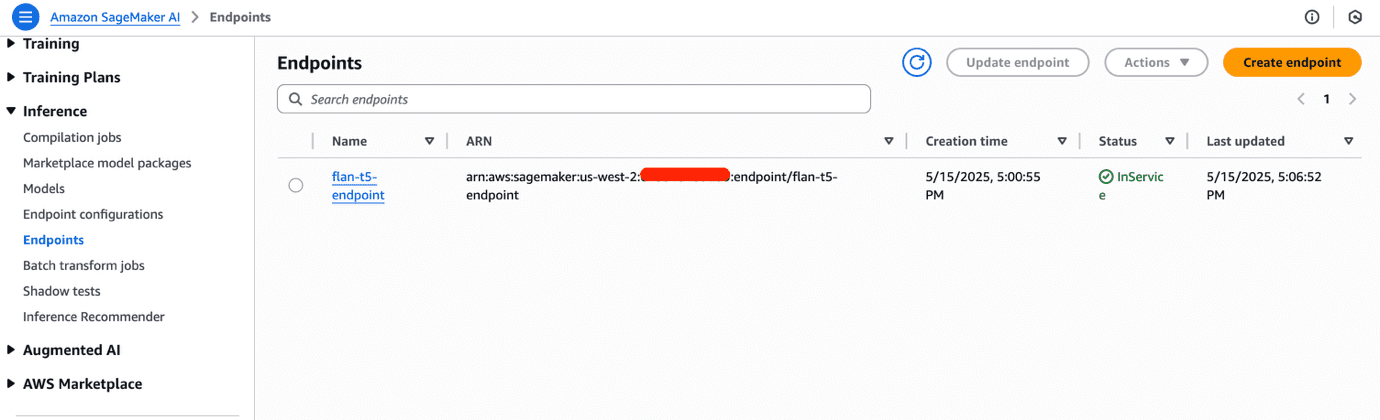 AWS SageMaker console displaying active endpoint with InService status and creation details