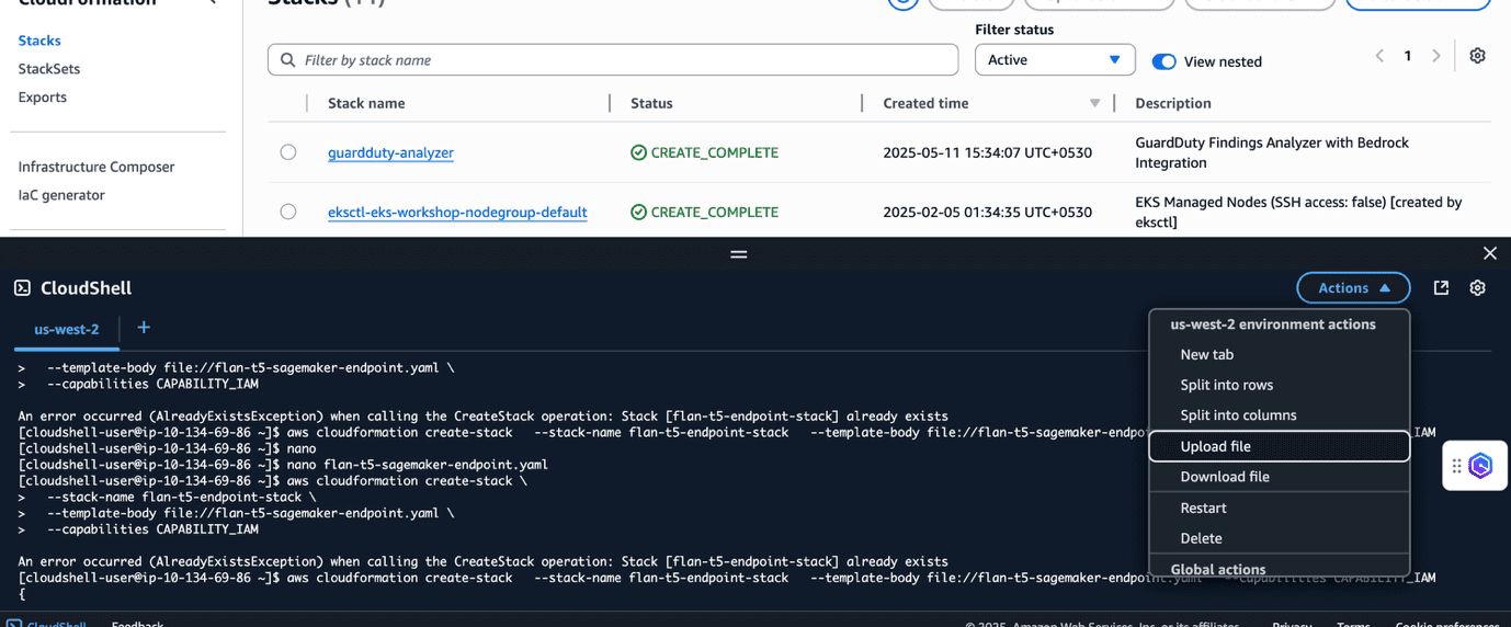 AWS CloudShell terminal window displaying context menu with Upload file option highlighted among other actions