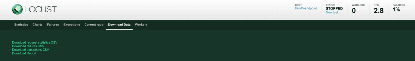 Locust test summary screen for displaying final metrics and CSV download capabilities