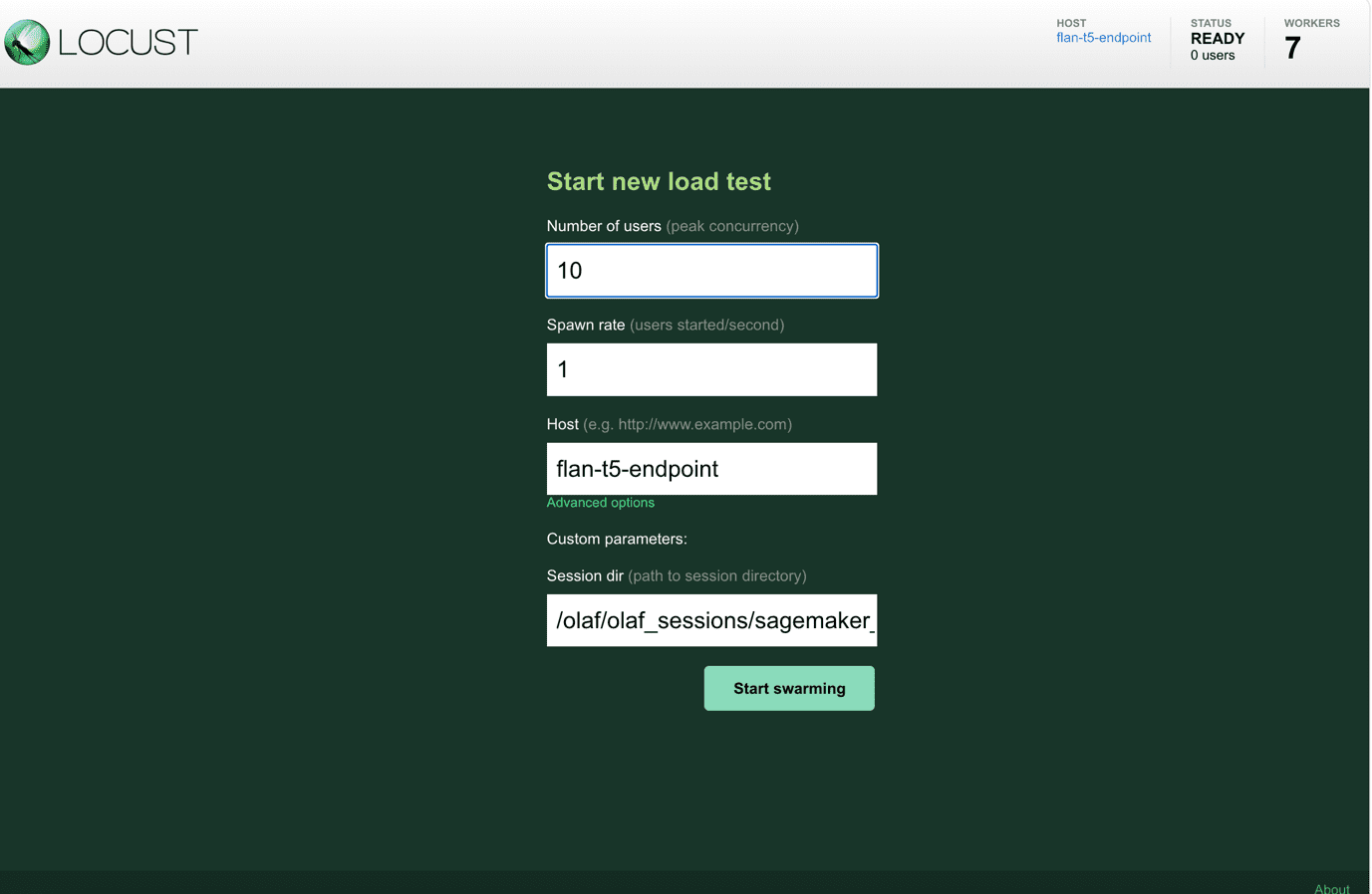 OLAF Locust interface configured for SageMaker endpoint load testing with 10 users and custom parameters