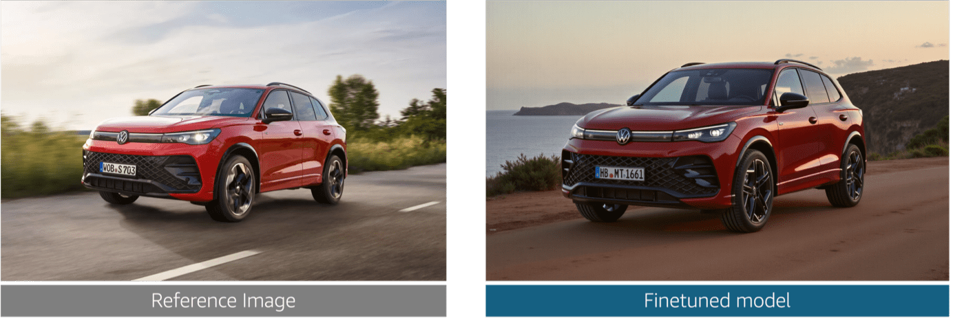 Side-by-side comparison of base model output versus fine-tuned model output, showing improved accuracy in vehicle details such as grille textures and wheel designs