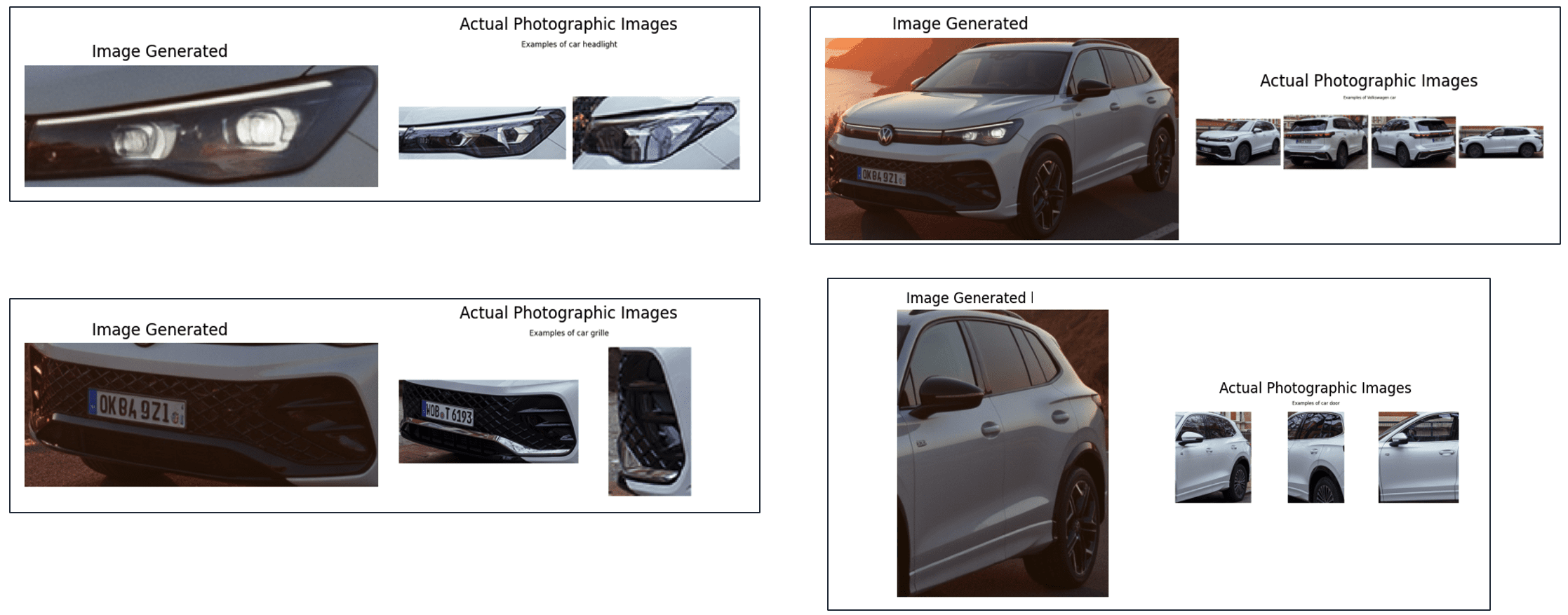 Side-by-side comparison of segmented vehicle components from reference and generated images, paired for evaluation