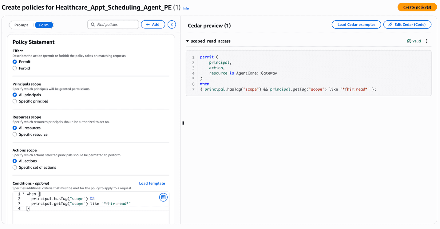 Console view of Form based policy creation