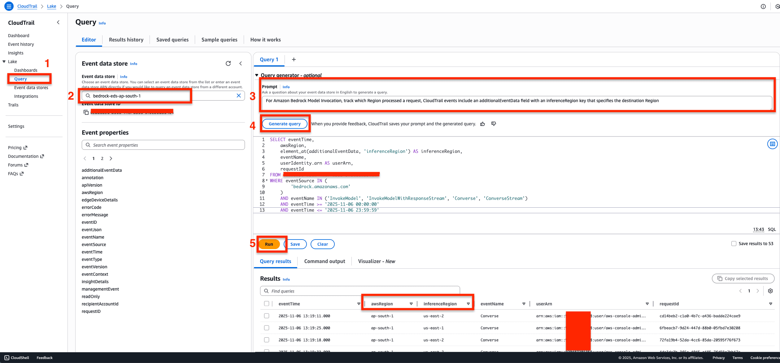 AWS CloudTrail Lake Query Editor showing a natural language query generator and a generated SQL query that retrieves Amazon Bedrock model invocation events including inferenceRegion from additionalEventData, with sample query results displayed.