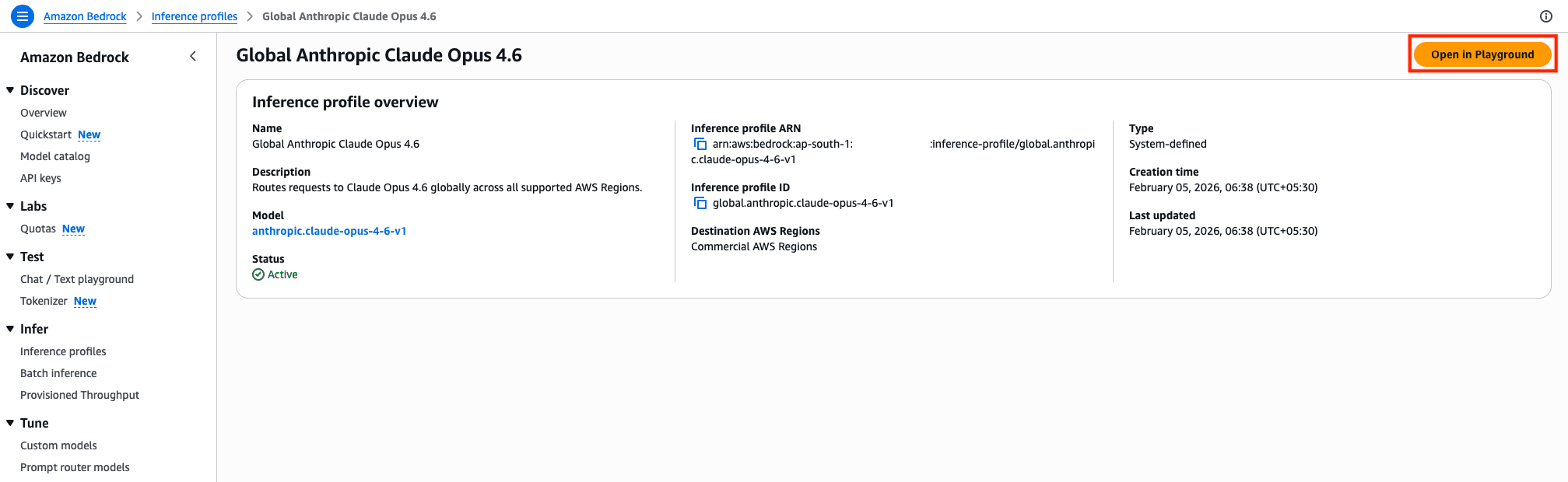 Amazon Bedrock Inference Profile Overview page for Global Anthropic Claude Opus 4.6, showing its status as Active, inference profile ID, system-defined type, and availability across all Commercial AWS Regions.