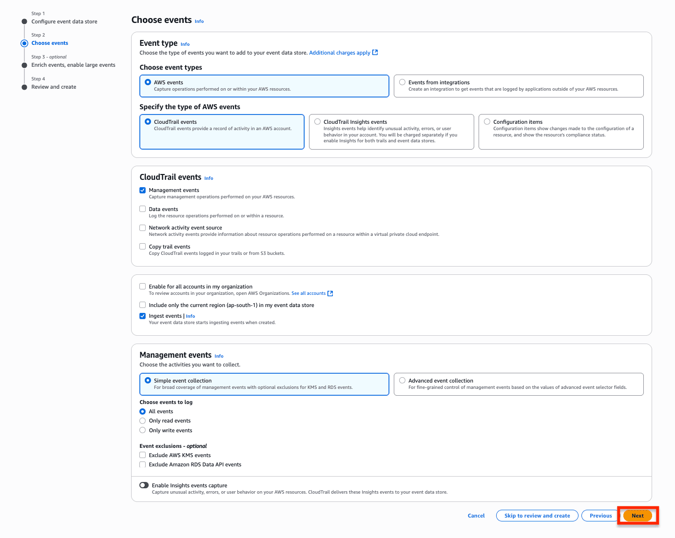 AWS CloudTrail Lake event data store setup wizard Step 2 for choosing events, with AWS CloudTrail management events selected, simple event collection enabled, all events logged, and Insights events capture turned off.