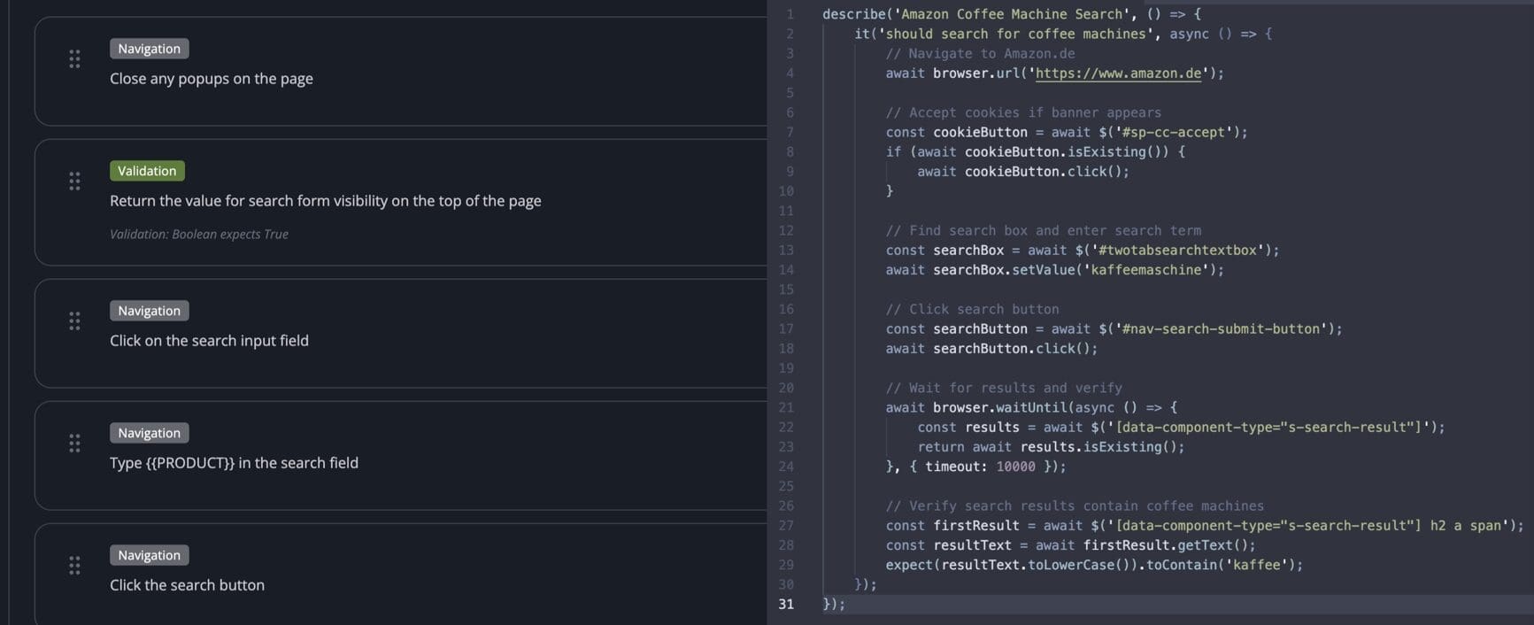 Figure 3 – A test in the QA Studio vs the equivalent traditional test automation code