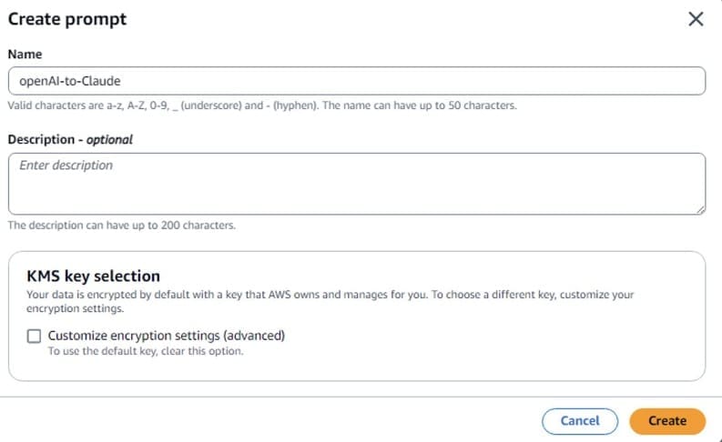 Screenshot of AWS Create Prompt dialog box with name field showing 