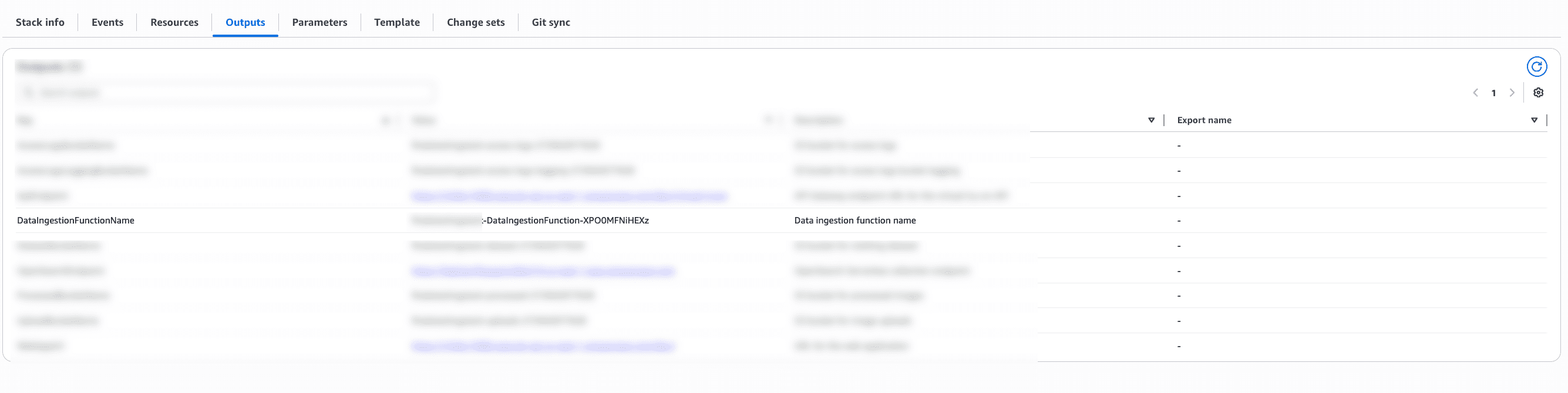 AWS CloudFormation stack Outputs tab displaying data ingestion function configuration with highlighted Lambda function ARN and resource names