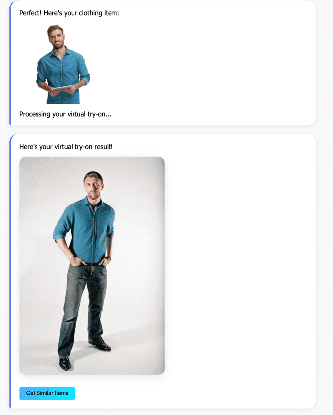 Virtual try-on interface showing before and after: customer photo with blue shirt being processed, then AI-generated full-body result wearing teal button-up shirt and jeans
