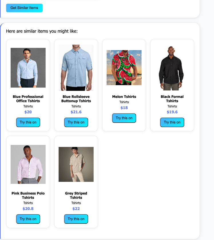 Product recommendation grid showing six men's shirt options with prices ranging from $18 to $22, each with a 