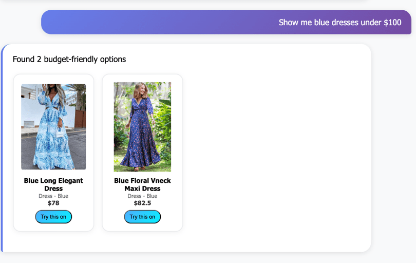 Virtual try-on search results showing two blue dresses under $100 with 