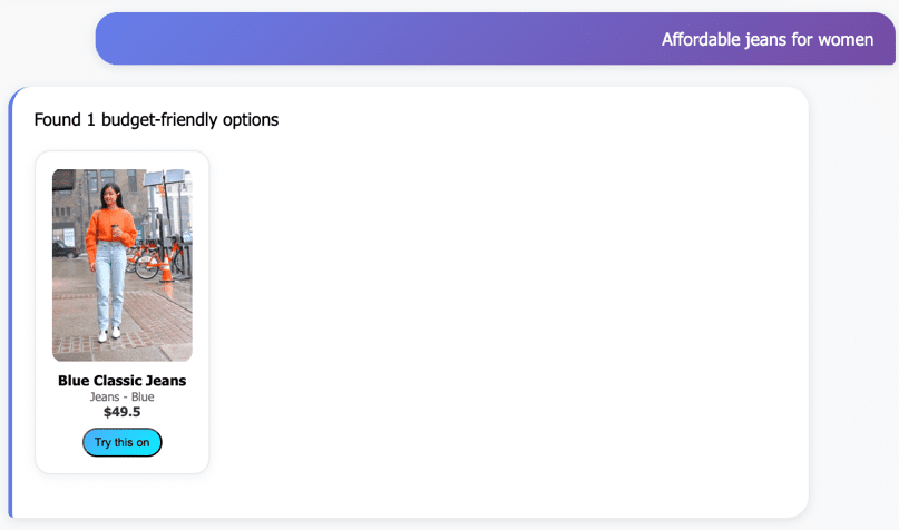 Woman wearing orange sweater and blue classic jeans standing on urban sidewalk, product listing showing price $49.50 with 