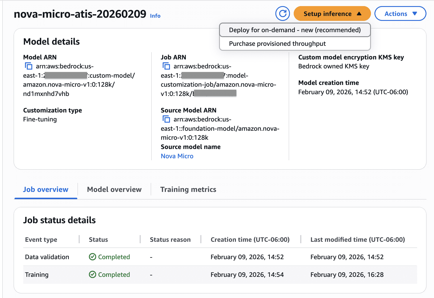 AWS Bedrock console showing completed fine-tuning job for Nova Micro model nova-micro-atis-20260209 with data validation and training status both marked as completed on February 9, 2026.