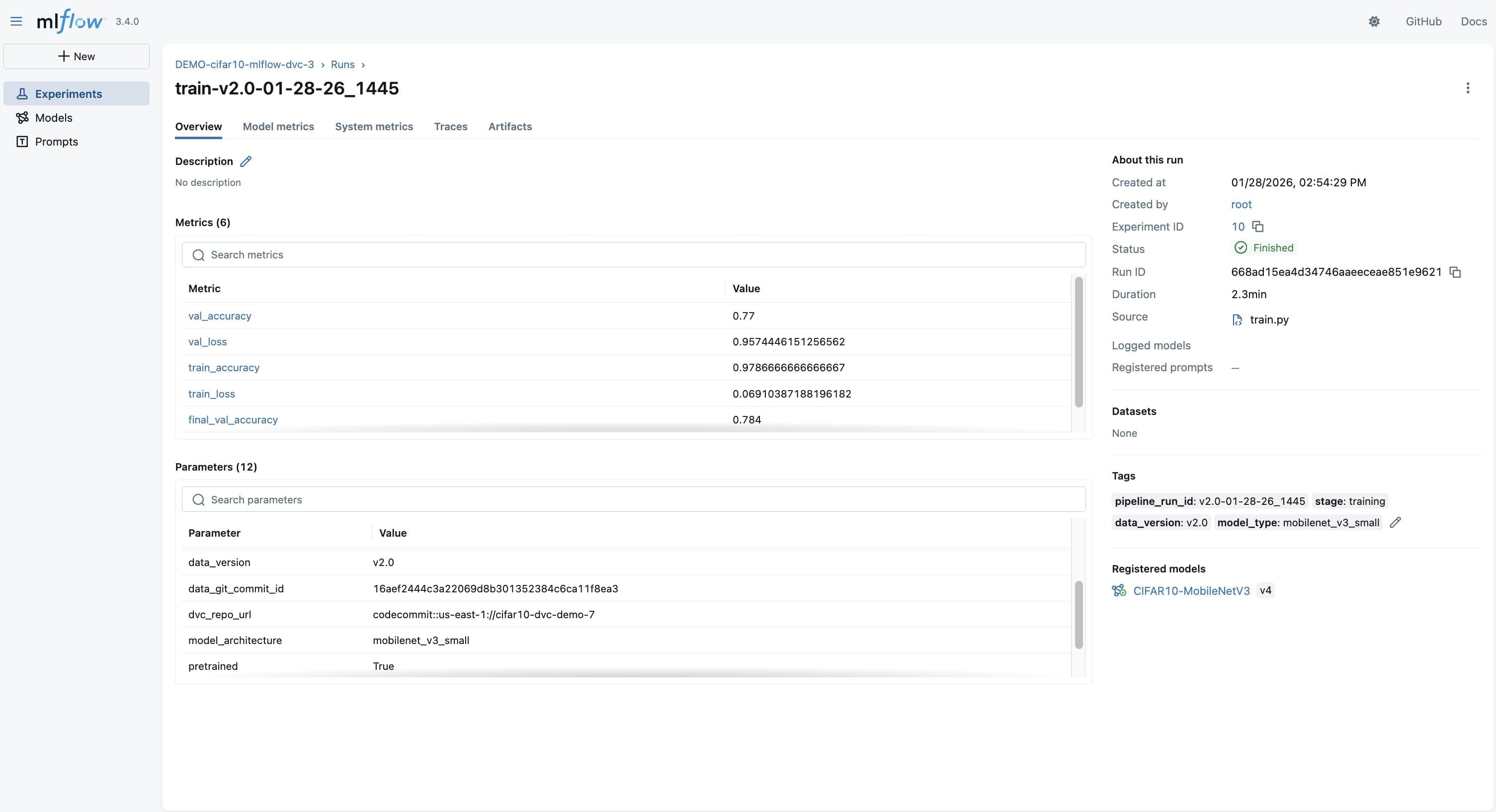 This MLflow run details page shows comprehensive tracking information for a CIFAR-10 training experiment (train-v2.0-01-28-26_1445), including six model metrics such as validation accuracy (0.77) and training loss, along with twelve parameters like data version (v2.0) and model architecture (mobilenet_v3_small). The interface displays complete experiment metadata including run duration (2.3min), registered model (CIFAR10-MobileNetV3 v4), and Git commit information, demonstrating MLflow's capability for full ML experiment reproducibility and traceability.