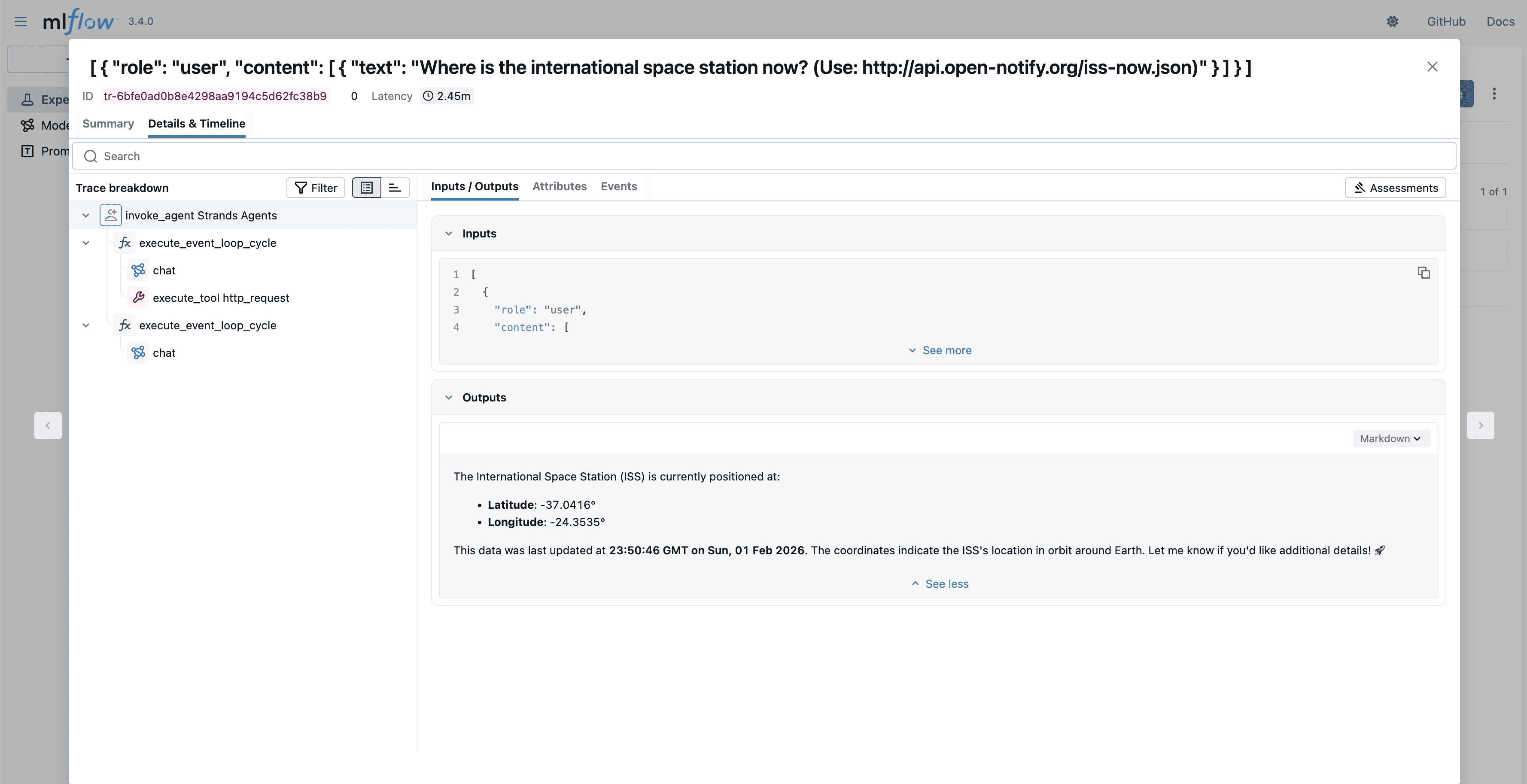 MLflow trace detail modal showing ISS location query with 2.45-minute latency and coordinate output at -37.0416° latitude, -24.3535° longitude