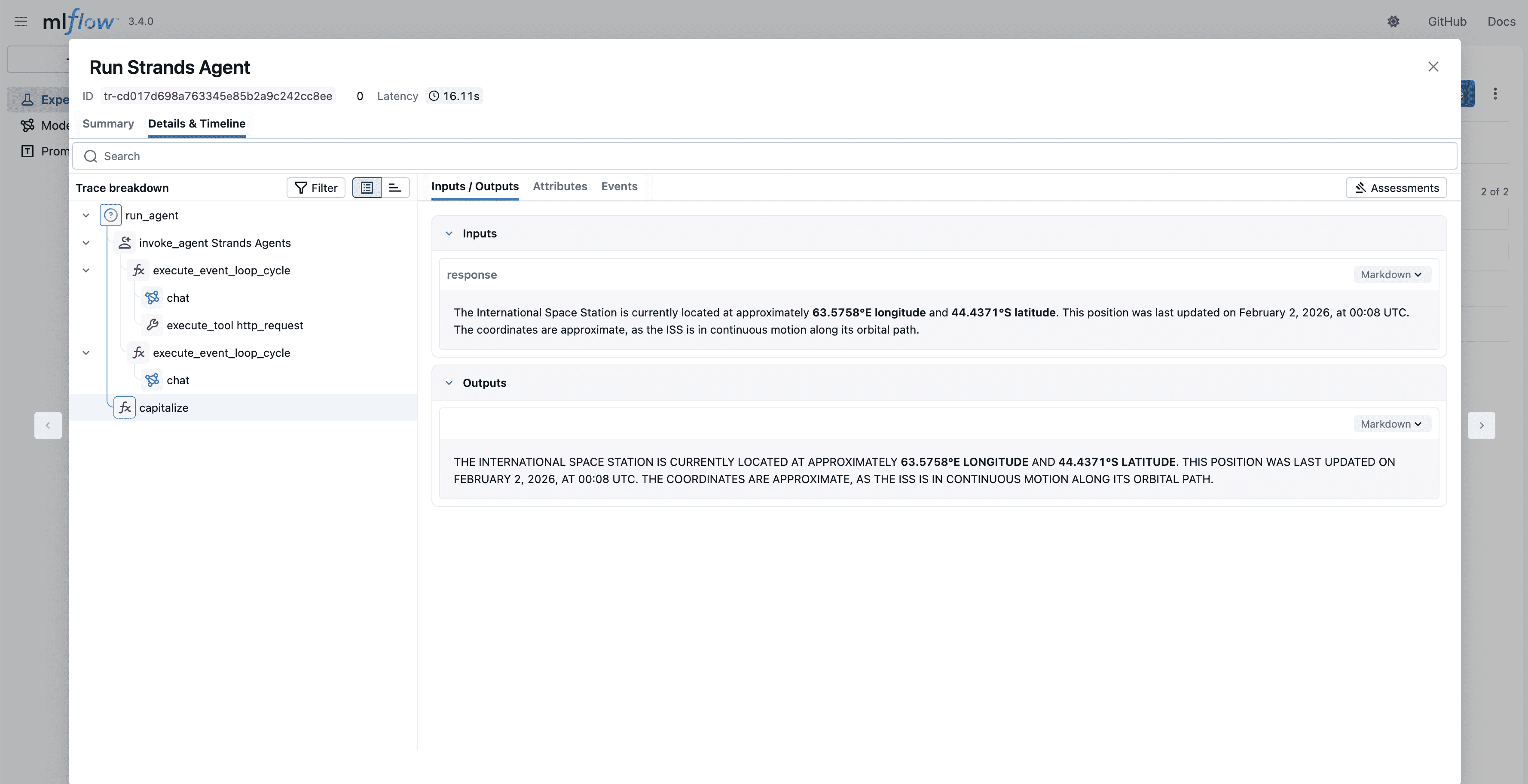 MLflow run_agent trace showing ISS location data processing with capitalization transformation, 16.11-second execution time